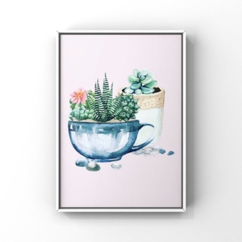 Modern watercolor succulent plant & pot art print